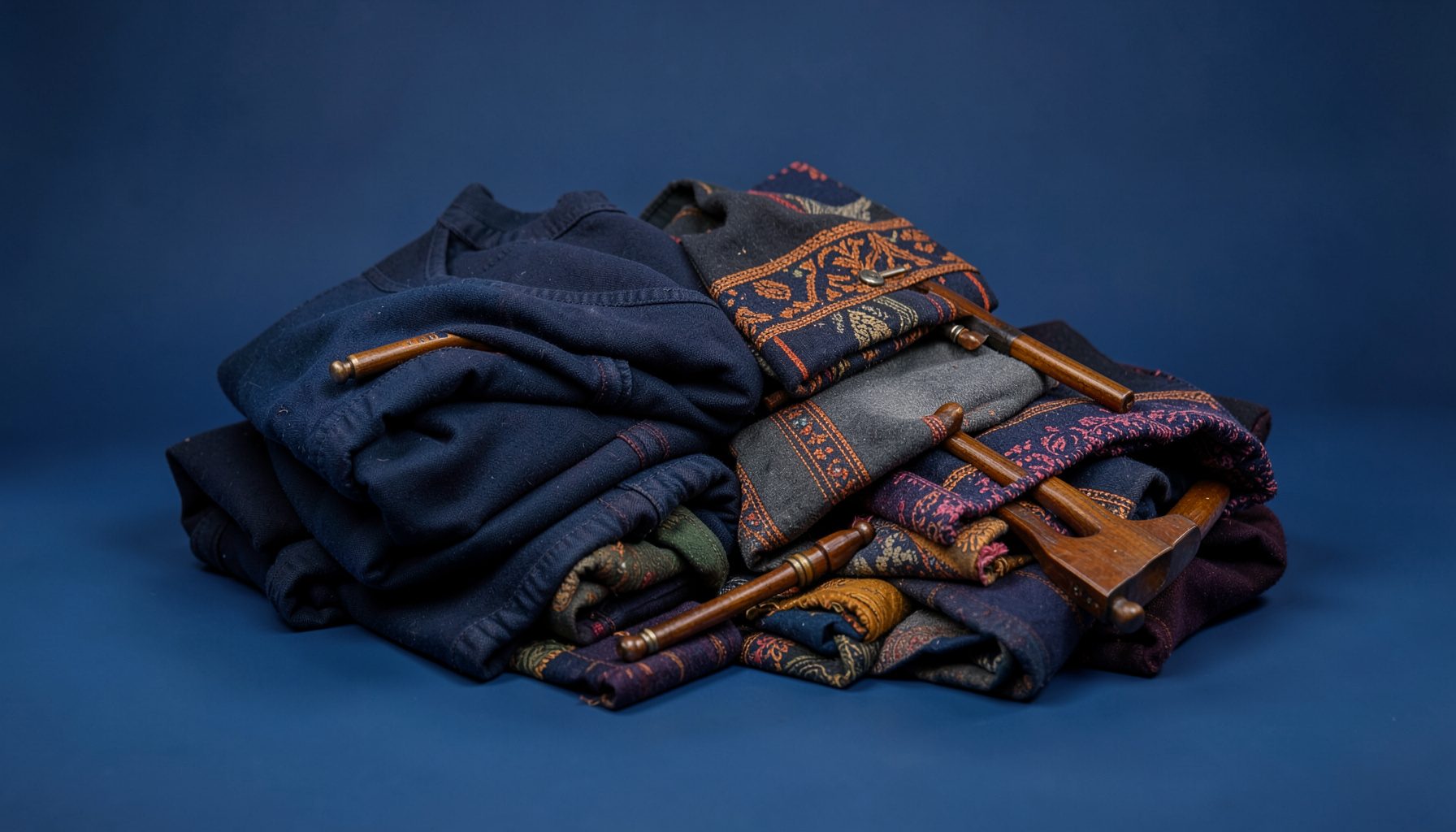 Atmospheric studio photograph of folded costumes and instruments in muted navy and warm tones on a seamless backdrop, evoking community tradition.