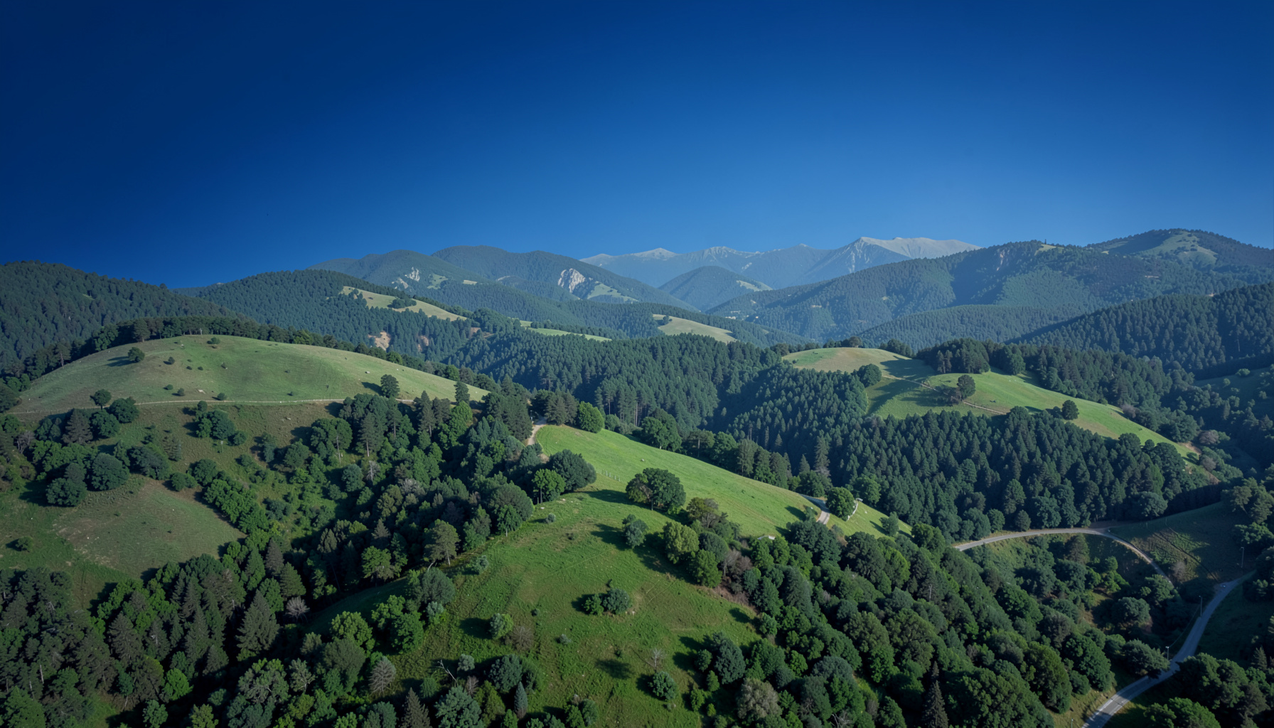 Aerial photograph of green rolling hills and forested valleys around Otxandio in soft morning light, muted greens and blues, calm civic atmosphere.