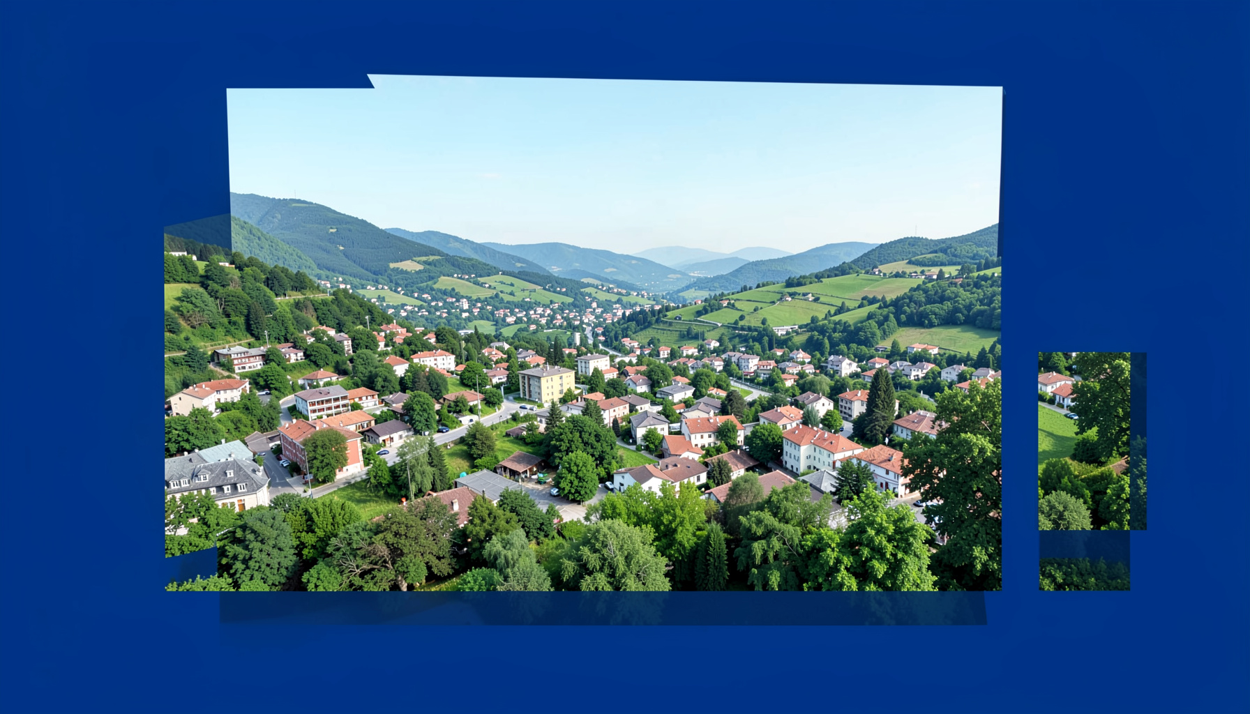 Soft aerial photograph of a green valley town under a pale blue sky, gentle hills in the background, calm civic mood